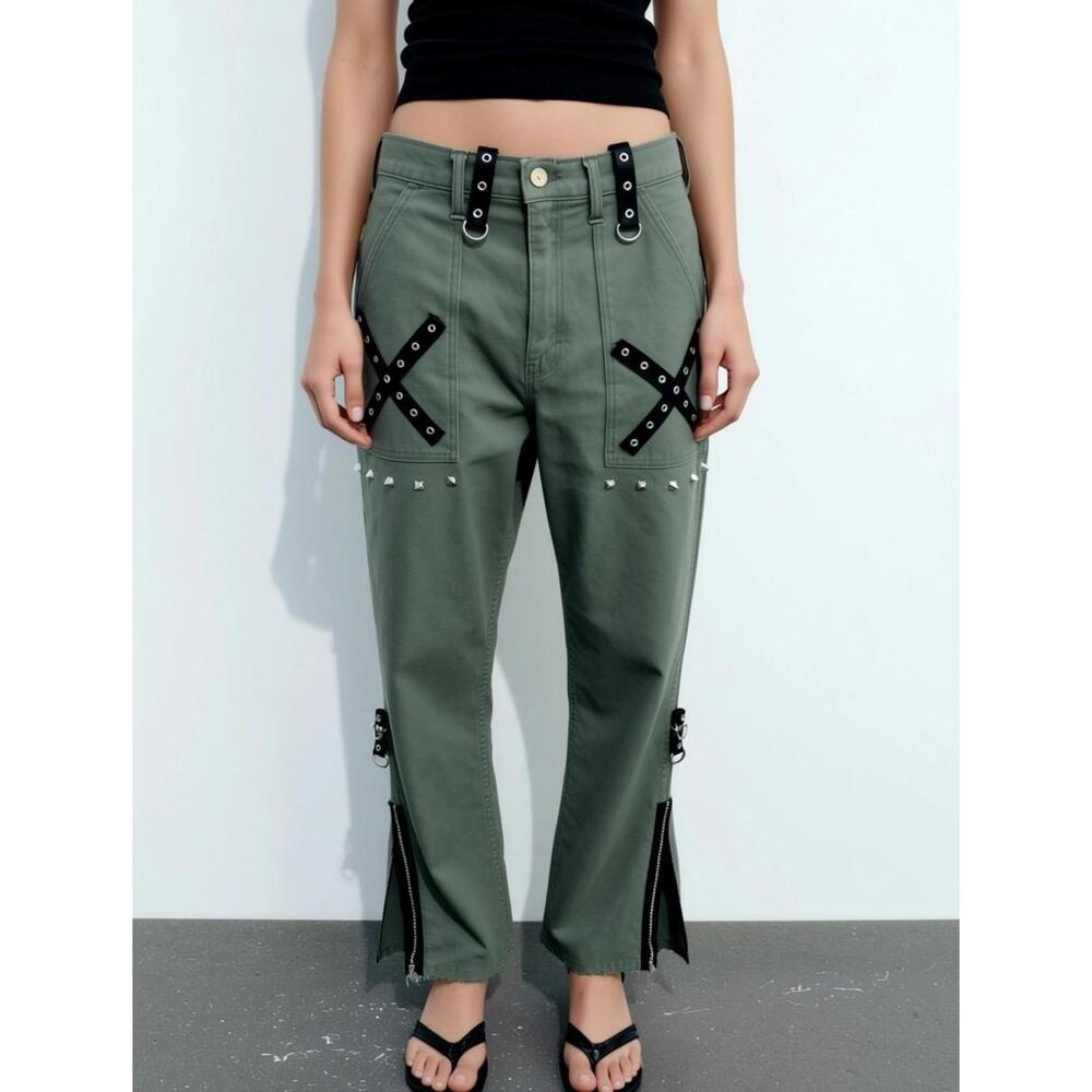 Cargo Pants 29 In. Green Flared Zip Skinny  Punk 90s  black X Army y2k